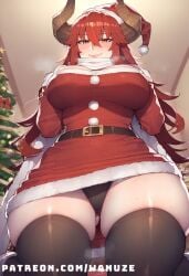 ai_generated big_ass big_breasts big_butt big_thighs black_panties black_thighhighs blush christmas christmas_clothing christmas_outfit dragon_horns dress horn huge_ass huge_breasts huge_butt huge_thighs kneeling long_sleeves red_hair vshojo wanuze wide_hips yellow_eyes zentreya