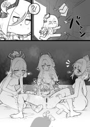 5girls ?! anus belly_button black_bar_censoring blush blush braided_hair censor_bar censored censored_genitalia censored_pussy chibi chocolate chocolate_heart citlali_(genshin_impact) dildo female_only flower flower_in_hair genshin_impact greyscale hair_ornament heart_symbol holding_dildo japanese_text kamisato_ayaka looking_at_another lucifina_006 lumine_(genshin_impact) lying lying_on_back multiple_girls naked naked_female noelle_(genshin_impact) nude nude_female ponytail ribbon ribbons shenhe_(genshin_impact) short_hair speech_bubble spread_legs trembling yuri