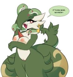 2025 absurd_res anthro apode areola arm_under_breasts breasts chest_spike dialogue draconcopode eyelashes female gardevoir generation_3_pokemon generation_5_pokemon genitals green_body hi_res hybrid i_am_kat95 lamia legless nintendo nipples open_mouth piercing pokemon pokemon_(species) pussy reptile scalie serpentine serperior snake solo spikes spikes_(anatomy) split_form white_body