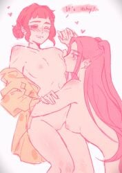 2girls blush breast_sucking breasts commentary ear_piercing english_commentary english_text hair_bun hand_on_another's_arm heart highres kpop_demon_hunters long_hair medium_breasts mira_(kpop_demon_hunters) multiple_girls nude open_mouth piercing pussy sleepykai32 small_breasts smile twintails yuri zoey_(kpop_demon_hunters)