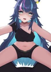 1boy 1girls animal_ears bear_ears bear_girl belly_button black_bra black_shorts black_tank_top blue_eyes blue_hair blush bouncing_on_penis bra breasts clothed clothing eyebrows_visible_through_hair fujikura_uruka huge_breasts light-skinned_female light_skin looking_at_viewer newjeffy_(newjeffy7210) pants phase_connect phase_origins pov shorts simple_background tank_top thick_eyebrows virtual_youtuber white_background