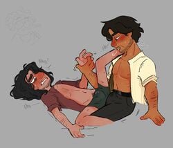 2boys anydragonn black_hair brown_skin bruno_madrigal curly_hair dark-skinned_male disney dry_humping encanto gay holding_hands latino male male_only mariano_guzman unbuttoned_shirt yaoi