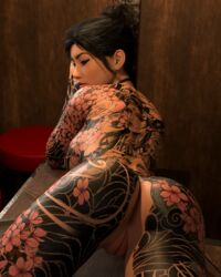 1girls 3d asian ass backboob bartender black_hair choker depth_of_field female female_only flower_tattoo full_body_tattoo indoors large_breasts looking_at_viewer looking_back nude nude_female pinup riskybomber short_hair slushe_(website) solo tattoo