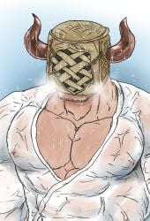 bakura_(granblue_fantasy) bara clover19160 draph granblue_fantasy horns male male_only mask muscles muscular solo solo_male sweat sweating