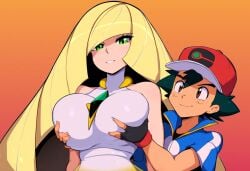 1boy aether_foundation ai_generated breast_grab female grabbing huge_breasts human_only lusamine_(pokemon) mature_female milf mother_and_daughter's_friend novelai pokemon pokemon_(anime) pokemon_journeys pokemon_sm satoshi_(pokemon) smile