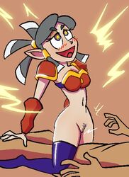 1boy 1girls artist_request clothed_sex cowgirl_position electricity female nude_male pleasure_face pubic_hair shantae smooth_skin star_shaped_pupils zapple