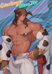 animal_ears balls bandaids_on_nipples bara bulge cow_ears draph flaccid geisenborger goldenrhein granblue_fantasy horns male male_only muscles muscular penis solo solo_male