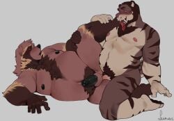 2boys anal anal_sex anthro anthro_on_anthro balls bara belly body_hair canid canine chest_hair duo erection facial_hair felid fur genitals hi_res humanoid_genitalia humanoid_penis kneeling leg_glider_position lewalrus lying male male/male male_only male_penetrated male_penetrating male_penetrating_male mammal nipples nude on_side overweight penetration penile penile_penetration penis penis_in_ass prehistoric_species raccoon_dog raised_leg roantiger saber-toothed_tiger sex simple_background tanuki