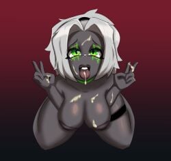 ahe_gao ahe_gao ahegao_face commission commission_art commissioner_upload cuadraws green_eyes jo-el_(retzhuko) on_knees peace_sign retzhuko_(artist) tongue tongue_out white_hair