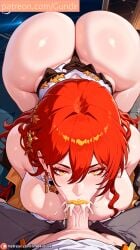 ai_generated big big_ass big_breasts big_penis blowjob blowjob_face cum cum_in_mouth deepthroat fellatio golden_eyes golden_lipstick gundir himeko_(honkai:_star_rail) honkai:_star_rail oral red_hair