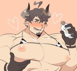 animal_ears bara barawa big_pecs blush bra cow_ears cow_print draph facial_hair granblue_fantasy hokawazu horns male male_only muscles muscular solo solo_male