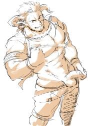 animal_ears balls bara boner cow_ears draph erection granblue_fantasy horns lantana_(granblue_fantasy) male male_only monochrome muscles muscular penis penis_out piikeisandaa solo solo_male