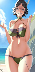 1girls alternate_breast_size alternate_costume angry arcedo ass_visible_through_thighs bare_shoulders bare_thighs beach big_breasts bikini bikini_top black_hair breasts cleavage clenched_teeth collarbone feathers female_only fire_emblem fire_emblem_awakening fire_emblem_heroes glaring green_bikini green_swimsuit grey_eyes hair_ornament large_breasts looking_at_viewer nintendo noire_(fire_emblem) noire_(summer)_(fire_emblem) ocean official_alternate_costume short_hair solo swimsuit thighs