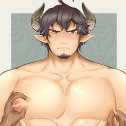 animal_ears bara barawa bi_bi cow_ears draph facial_hair granblue_fantasy horns lactation male male_lactation male_only muscles muscular nude