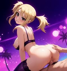 ai_generated ass_focus ass_grab blonde_hair brown_hair cowgirl_position cum_in_pussy fairy_tail illustrious_(stable_diffusion) large_breasts looking_at_viewer lucy_heartfilia nipples payop pubic_hair reverse_cowgirl_position smile stockings twintails vaginal_sex vaporwave viewed_from_behind