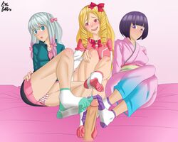 1boy 2021 3girls bed blonde_hair blue_eyes blush elf elf_ears elf_female eromanga_sensei evilgirl feet female female_focus foot_fetish foot_focus footjob fringe fringe_hair izumi_sagiri long_hair penis pink_background pointy_ears purple_hair red_eyes ribbon ribbons senju_muramasa short_hair silver_hair simple_background sitting sitting_on_bed yamada_elf yellow_hair