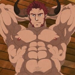 agielba animal_ears armpit armpits bara cow_ears draph facial_hair granblue_fantasy hands_behind_head horn male male_only muscles muscular nude raineru_(gryffindor131) solo solo_male