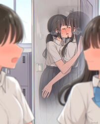 blush breath_cloud kissing lesbian_kiss locker public school school_uniform schoolgirl yuri yuri