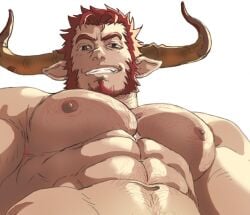 agielba animal_ears artist_request bara big_pecs cover_them_up_slut cow_ears draph facial_hair granblue_fantasy horn male male_only muscles muscular nude solo solo_male