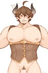 animal_ears balls bara barawa big_pecs bottomless cow_ears draph facial_hair flaccid granblue_fantasy horns male male_only muscles muscular pantsless penis pomelise solo solo_male