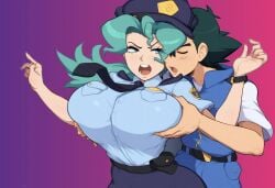 1boy afrobull_(style) ai_generated breast_grab female grabbing grabbing_from_behind huge_breasts mullon muscular_male novelai officer_jenny_(pokemon) paulinebabe pokemon pokemon_(anime) pokemon_journeys police police_uniform policewoman satoshi_(pokemon)