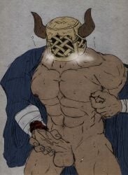 artist_request bakura_(granblue_fantasy) balls bara boner draph erection granblue_fantasy horns male male_only mask muscles muscular nipple_tweak penis solo solo_male sweat sweating