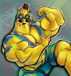 banana epic_games flexing_arm fortnite goggles island_adventure_peely its_coldpizzart muscles muscular muscular_male non-human pecs peely swimming_trunks yellow_body