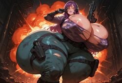 1girls ai_generated army_uniform ass big_lips blue_eyes breasts breasts_bigger_than_head butt_bigger_than_body butt_bigger_than_head butt_bigger_than_torso cleavage cleavage_overflow clothed explosion female_focus gigantic_breasts gloves gun headset hyper hyper_ass hyper_breasts isometria large_ass large_breasts lips looking_at_viewer massive_ass massive_breasts massive_butt nipple_bulge overflowing_breasts peace_sign purple_hair purple_lipstick tactical_gear tight_clothing