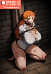 abuse ai_generated angry annoyed beaten black_panties breasts_bigger_than_head brown_eyes bruise chains cleavage clothing fantasyprompt female female female_only gigantic_breasts huge_breasts kneeling long_hair nami nami_(one_piece) narrow_waist one_piece orange_hair revealing_clothes side_view slave slavegirl slim_waist tight_clothing tight_fit torture white_shirt wide_hips