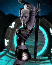 1girls 3d black_body black_skin clothed clothing dark-skinned_female dark_skin depth_of_field drow elf_ears fantasy female female_only gray_body gray_hair grey_body grey_hair grey_skin holding_object holding_sword holding_weapon large_breasts looking_at_viewer night outdoor outdoors outside pinup pointy_ears red_eyes riskybomber side_view slushe_(website) solo solo_female standing sword white_hair