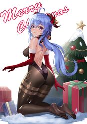 1girls absurdres ahoge ass back backless_outfit bangs bell black_legwear blue_hair blush bodystocking bodysuit bow breasts christmas christmas_ornaments christmas_tree covered_erect_nipples curled_horns elbow_gloves eyebrows_visible_through_hair feet female from_behind ganyu_(genshin_impact) genshin_impact gift gloves gold_trim hair_ornament highres horns kneeling leotard leotard_under_clothes long_hair looking_at_viewer low_ponytail medium_breasts merry_christmas multicolored_eyes purple_eyes red_gloves sidelocks smile soles solo thighlet thighs weni