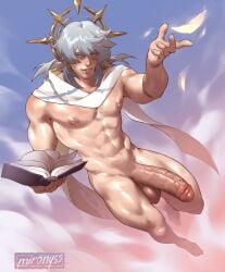 1boy abs balls bara big_penis character_request cloud clouds dick floating flying glans huge_cock large_penis male_only muscular_male penis shmihorny sky solo solo_focus solo_male tagme veiny_penis white_hair