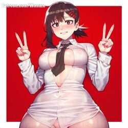 ai_generated big_ass big_breasts big_butt big_thighs black_hair blush brown_eyes chainsaw_man double_peace_sign hair_ornament huge_ass huge_butt huge_thighs kobeni_higashiyama medium_breasts necktie no_panties no_pants peace_sign see-through see-through_clothing simple_background vest wanuze wide_hips