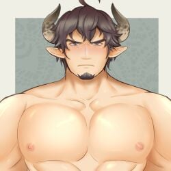 animal_ears bara barawa bi_bi cow_ears draph facial_hair granblue_fantasy horns male male_only muscles muscular nude solo solo_male