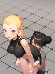 2girls ai_generated ass ass_sniffing brown_hair brown_skin face_in_ass gray_background gym_uniform nose_in_ass orange_hair teenage_girl white_skin younger_female