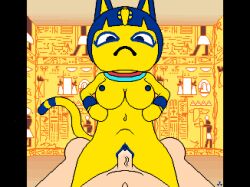 2d animal_crossing ankha ankha_(animal_crossing) anthro breasts cat_tail domestic_cat doubutsu_no_mori duo egyptian egyptian_architecture felid feline felis female first_person_view genitals hi_res hieroglyphics hrelterskrelter human looking_at_viewer male male/female mammal nairu_(doubutsu_no_mori) nintendo penetration penile penile_penetration penis penis_in_pussy vaginal_penetration villager_(animal_crossing)