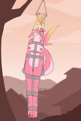 2019 anthro biped blonde_hair bound breasts claws clenched_teeth countershade_face countershade_torso countershading eyebrows female fin fish fish_tail front_view fuf hair hanging_by_hair hi_res long_hair marine medium_breasts nude outside pain pink_body plant shark solo tail tail_fin tan_body tan_countershading teeth toe_claws torture torture_device tree