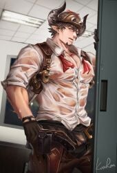 animal_ears anjingkuxiao balls bara barawa bulge clothing cow_ears draph facial_hair flaccid granblue_fantasy horns male male_only muscles muscular penis solo solo_male wet wet_clothes