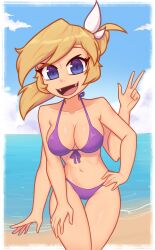 4_arms beach bikini bikini_bottom bikini_top blonde_hair blue_eyes fangs female jpeg nelly ocean open_mouth ponytail sand spider_girl swimsuit xyroni