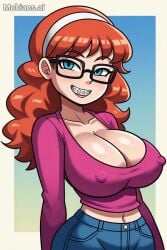 ai_generated braces cleavage ginnyginger glasses large_breasts no_bra oc off_shoulder original original_character short_shorts teenage_girl thighhighs