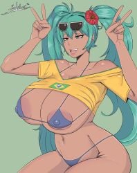 1girls areola ass big_areola big_ass big_breasts big_nipples big_thighs bikini brazil brazilian brazilian_female brazilian_miku breasts butt cyan_eyes cyan_hair female female_only gigantic_ass gigantic_breasts gigantic_thighs hatsune_miku huge_ass huge_breasts huge_thighs latin_american_hatsune_miku_(meme) long_hair looking_at_viewer nipples shiki19800217 shirt solo tagme tan tan_body thick_hips thick_thighs thighs twintails vocaloid yellow_shirt