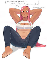 1girls arms_behind_head artist_request belly blush blush_lines bored bored_expression bra brown_eyes cameltoe chubby countershade_feet curvy_female dark_skin dialogue earrings feet female hi_res highlighted_soles legs_apart long_hair looking_up ohasi pink_hair plump pudgy_belly sitting soles sweat sweaty tagme tanline text thinking voluptuous white_bra yoga_pants