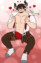 animal_ears balls bara barawa blush boner bulge cow_ears dohorth draph erection erection_under_clothes facial_hair granblue_fantasy horns male male_only muscles muscular penis solo solo_male