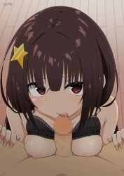 1boy absurdres black_bra blush bra breasts brown_hair fellatio female highres komekko kono_subarashii_sekai_ni_shukufuku_wo! licking licking_penis long_hair looking_at_viewer medium_breasts navel nipples oral paizuri penis red_eyes shiny_skin sirokohi straight underwear