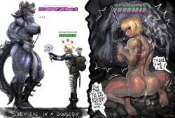 1futa 1girls after_sex blonde_hair blue_ogre_(artist) blush blushing_at_viewer cum dragon_futa female futa_on_female futanari gameplay_mechanics giantess horns huge_cock humanoid imminent_sex impossible_fit instant_loss muscular_female muscular_futanari muscular_thighs size_difference skimpy_clothes submissive_female tail xowredrai