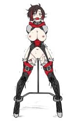 ball_gag black_hair bondage breasts_out drool drooling eudetenis gag long_boots nipples pussy ruby_rose rwby spread_legs vibrator_in_pussy