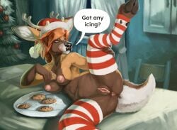 absurd_res anthro christmas deer eating eating_food female genitals hi_res holidays mammal mossfox nib-roc presenting presenting_pussy pussy solo