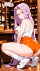 ai_generated ass boosterred99 collar fate/grand_order fate_(series) female from_behind full_body glasses hooters hooters_(parody) hooters_uniform illustrious_(stable_diffusion) large_breasts legs long_hair loose_socks medusa_(fate) medusa_(rider)_(fate) orange_shorts pony_diffusion_xl purple_eyes purple_hair restaurant seductive_smile shorts sneakers squat squatting stable_diffusion t-shirt thighs white_t-shirt