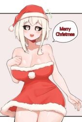 big_breasts black_sclera breasts christmas christmas_clothing christmas_outfit cleavage creeeen merry_christmas santa_hat text white_skin