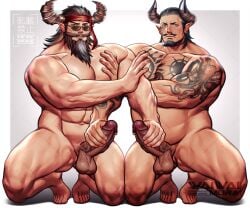 animal_ears balls bara beard boner cow_ears draph erection facial_hair gay granblue_fantasy handjob horns male male_only mash_the_smasher muscles muscular nude penis redluck waiwai_mura